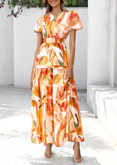 PRETTYGARDEN Women's Boho Maxi Dresses Floral Short Sleeve V Neck A Line Tiered Flowy Long Beach Vacation Dress