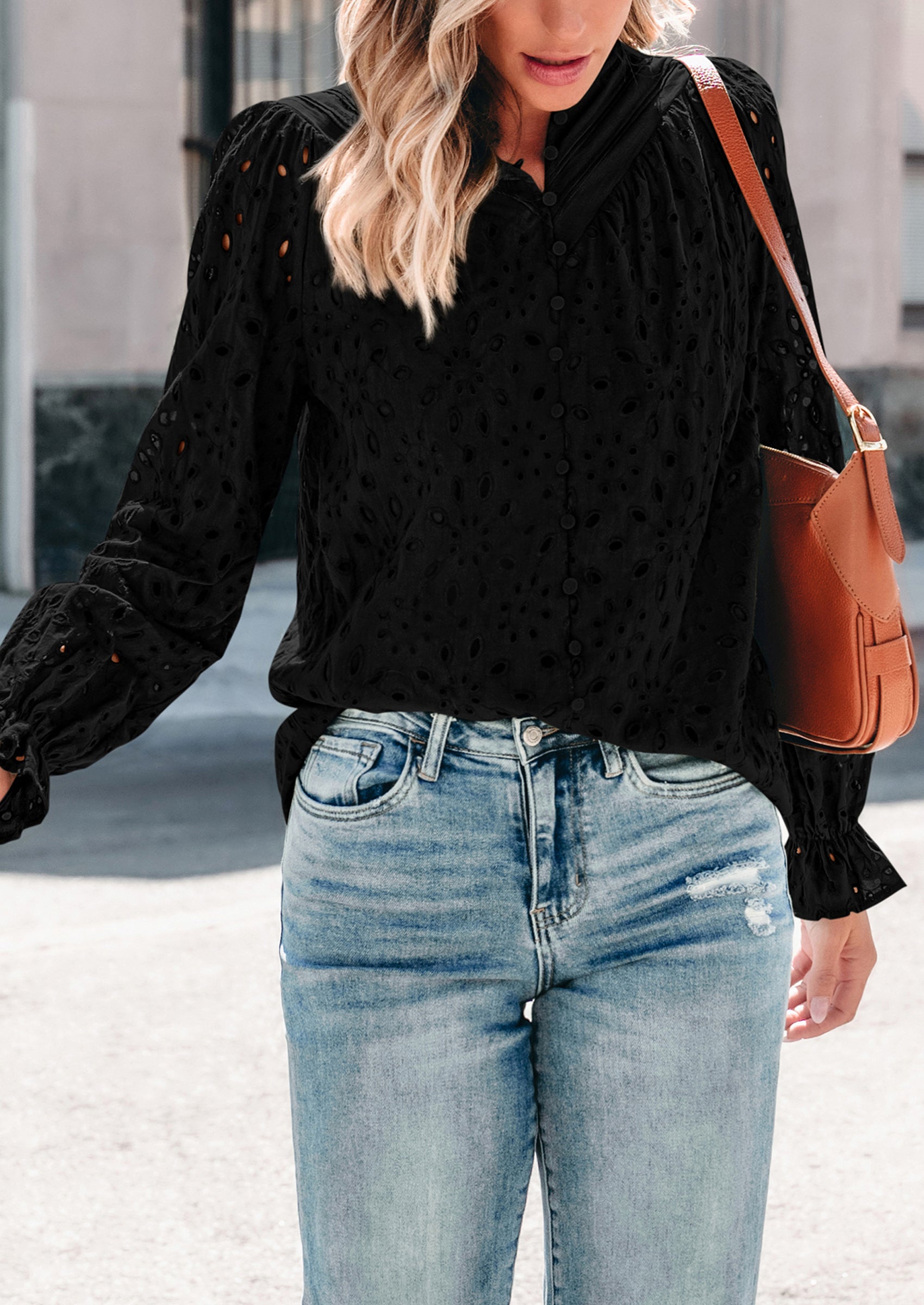 PRETTYGARDEN Women's Dressy Casual Blouse Tops Fall Spring Puff Long Sleeve Button V Neck Hollow Out Lace Embroidered Shirts