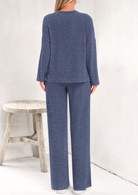 PRETTYGARDEN Women's 2 Piece Lounge Sets Ribbed Knit Long Sleeve V Neck Pullover Tops Wide Leg Pants Spring Fall Outfits