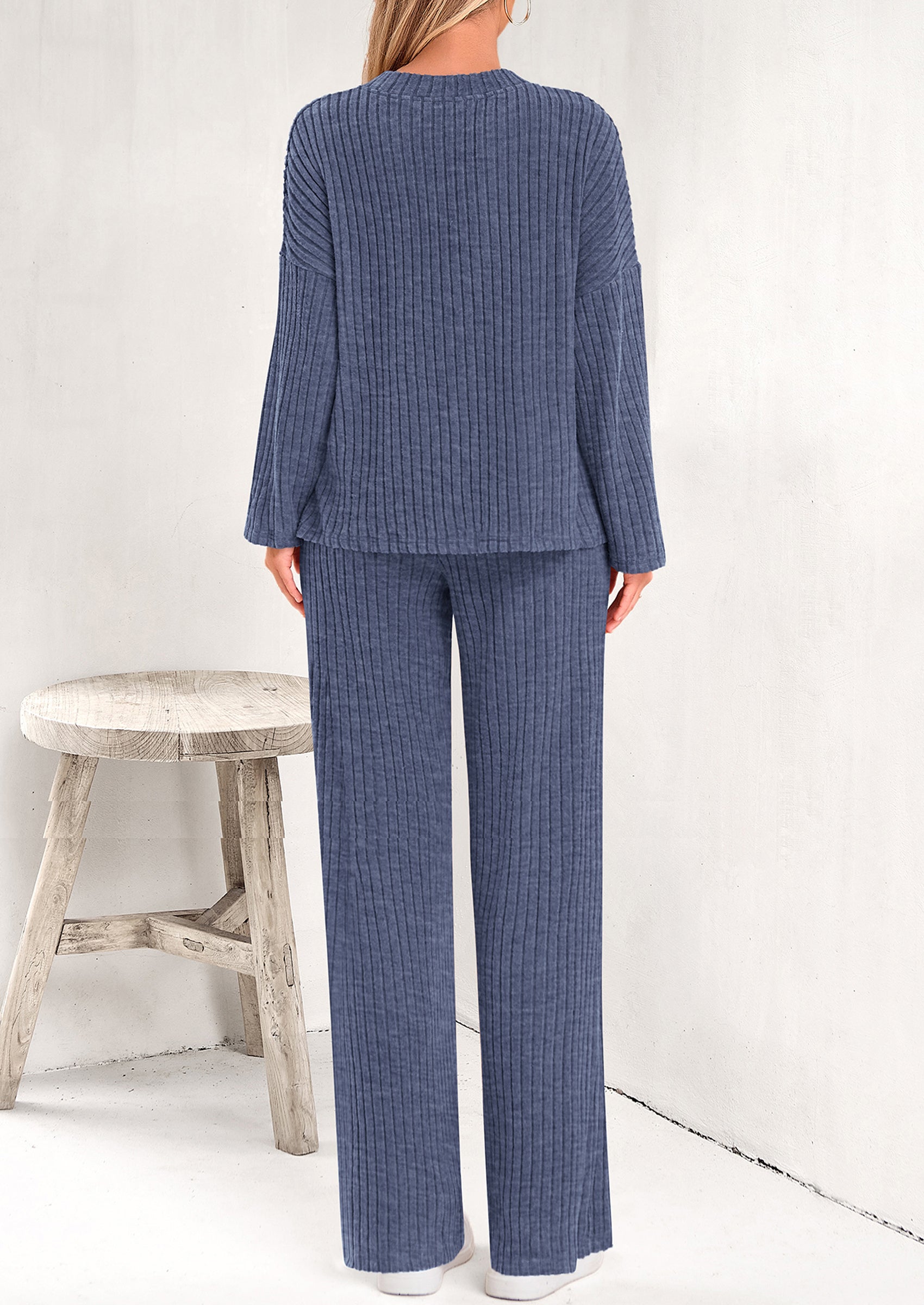 PRETTYGARDEN Women's 2 Piece Lounge Sets Ribbed Knit Long Sleeve V Neck Pullover Tops Wide Leg Pants Spring Fall Outfits