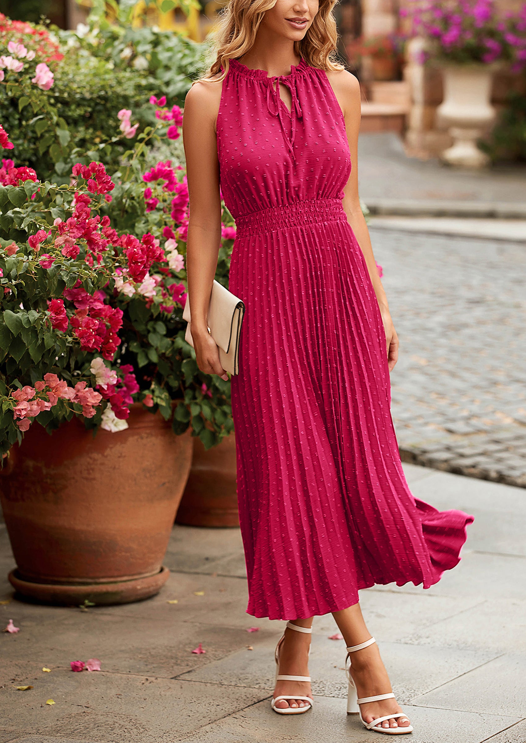 PRETTYGARDEN Women's Midi Summer Dresses Casual V Neck Swiss Dot Ruffle Sleeveless A Line Beach Sun Dress