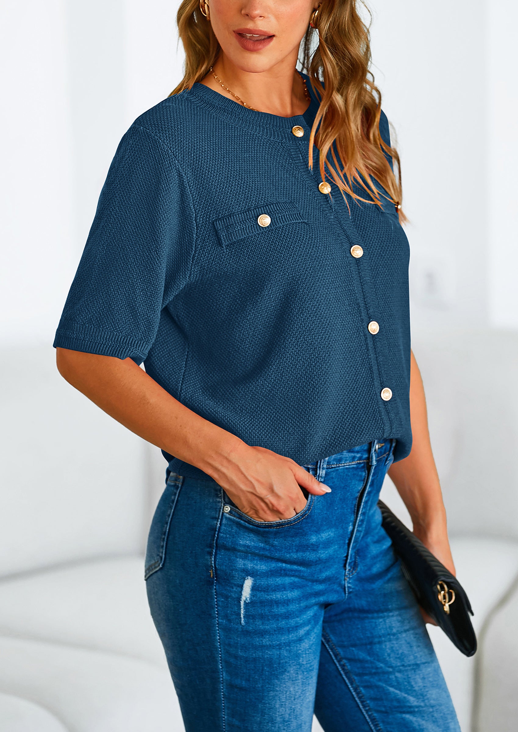 PRETTYGARDEN Women's Summer Button Down Shirts Casual Short Sleeve Crew Neck Ribbed Knit Blouse Top Cardigans