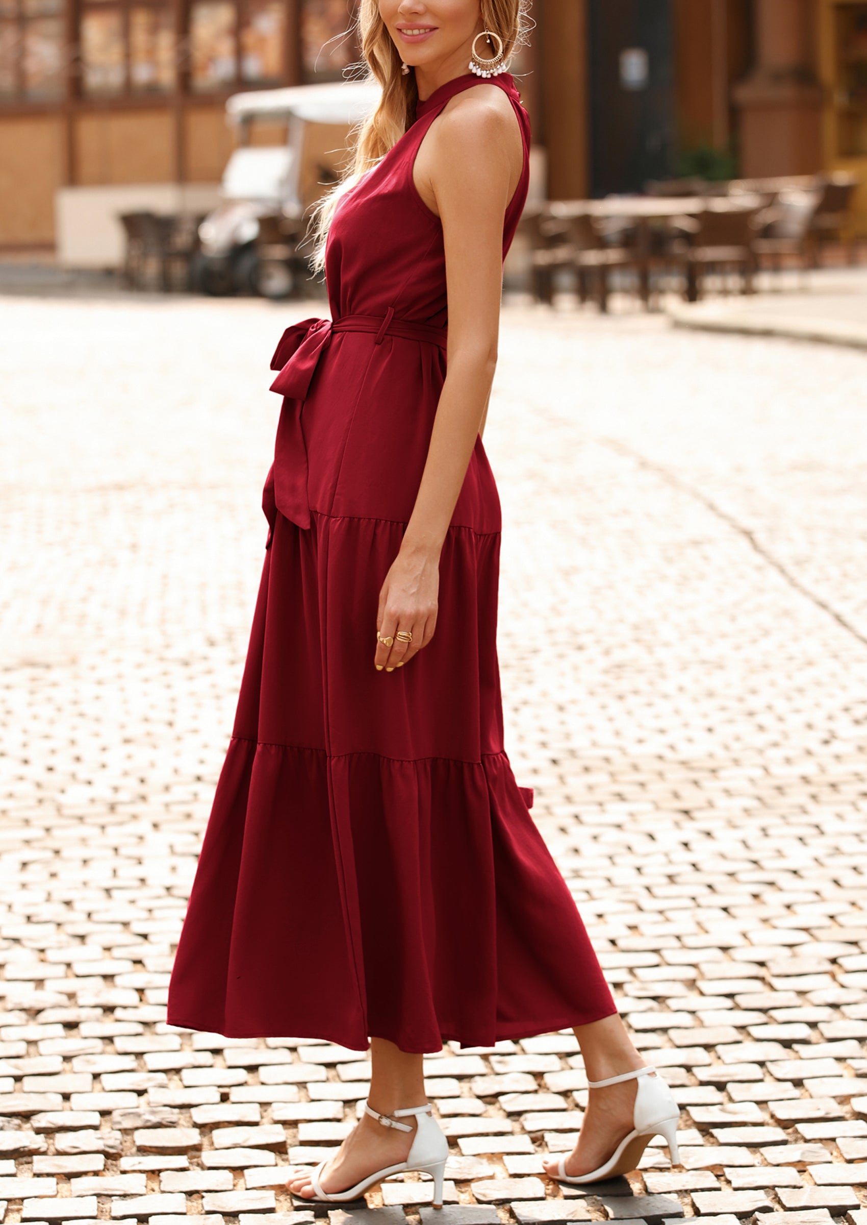 PRETTYGARDEN Women's Summer Floral Maxi Sun Dress Sleeveless Halter Neck Flowy Ruffle Hem Long Boho Dresses with Belt