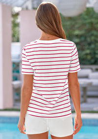 PRETTYGARDEN Short Sleeve Shirts for Women Spring V Neck Cute Tops Casual Striped Shirt Knitted Tees Summer Outfits