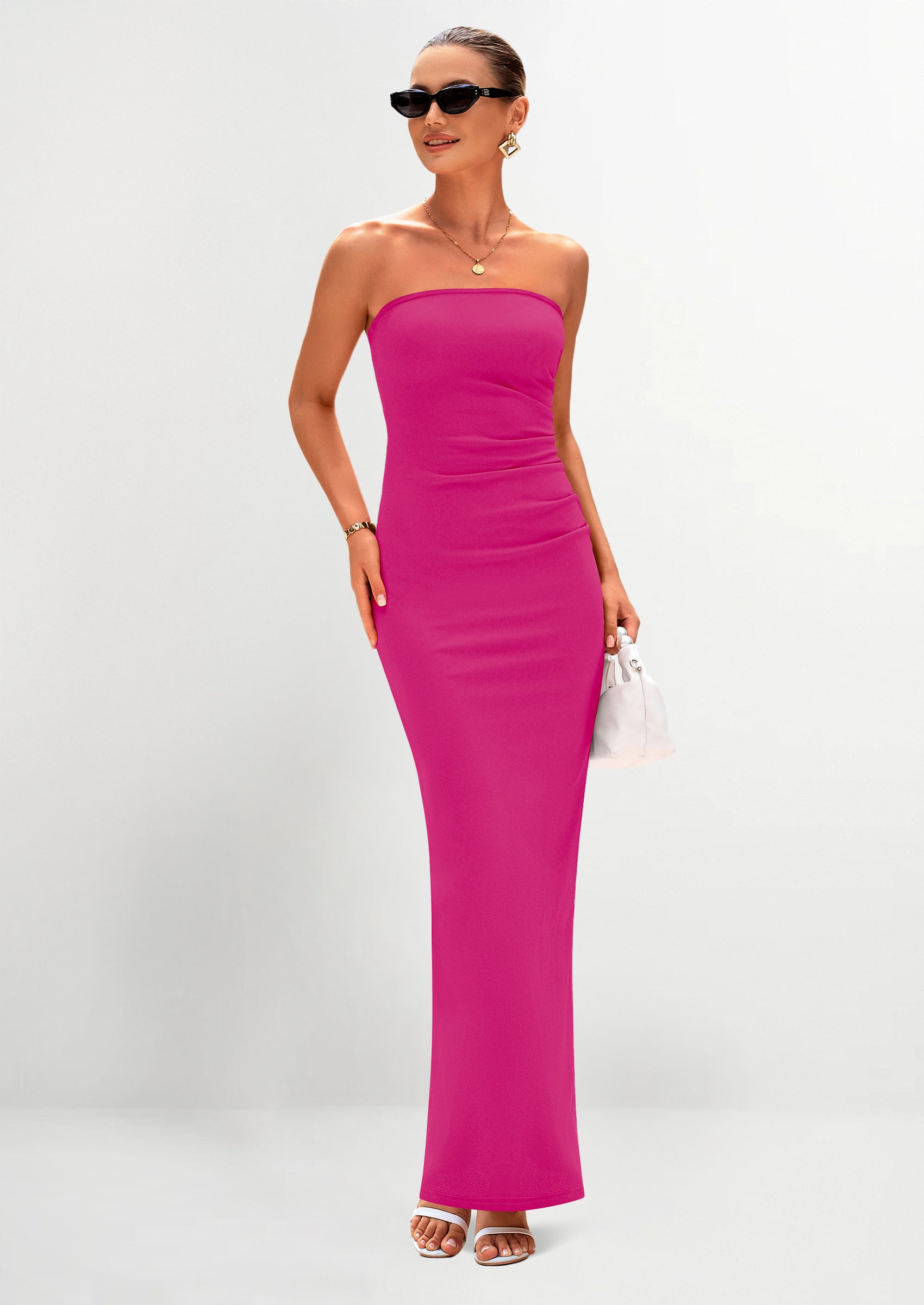 PRETTYGARDEN Women's Semi Formal Cocktail Dresses Strapless Tube Bodycon Ruched Evening Wedding Guest Maxi Dress