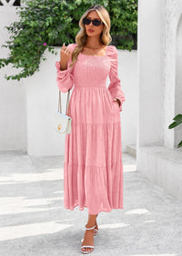 PRETTYGARDEN Fall Wedding Guest Dresses for Women Floral Long Sleeve Smocked Tiered Elegant Long Flowy Boho Dress