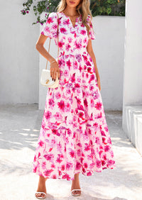 Summer Boho Floral Short Sleeve V Neck A Line Tiered Ruffle Flowy Long Beach Vacation Maxi Dresses