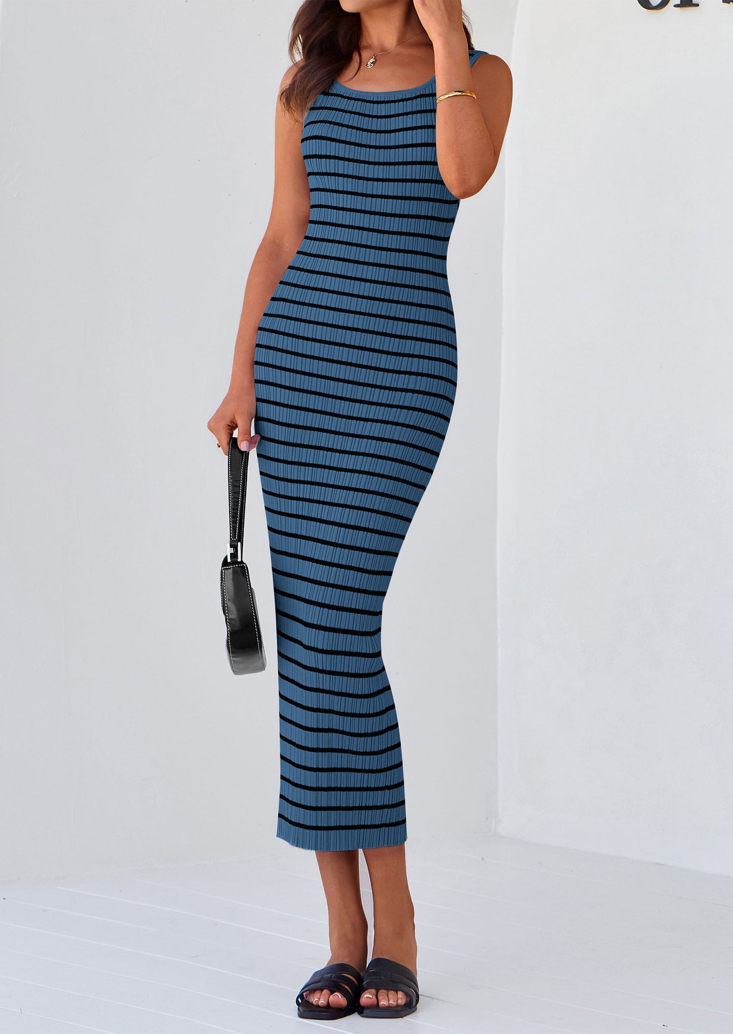 Womens Summer Tank Dress Casual Sleeveless Striped Ribbed Knit Long Dresses Beach Vacation Sundress