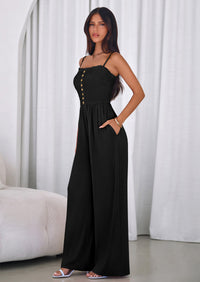 PRETTYGARDEN Jumpsuits for Women Summer Sleeveless Smocked Button Wide Leg Rompers Spring Travel One Piece Outfits PRETTYGARDEN
