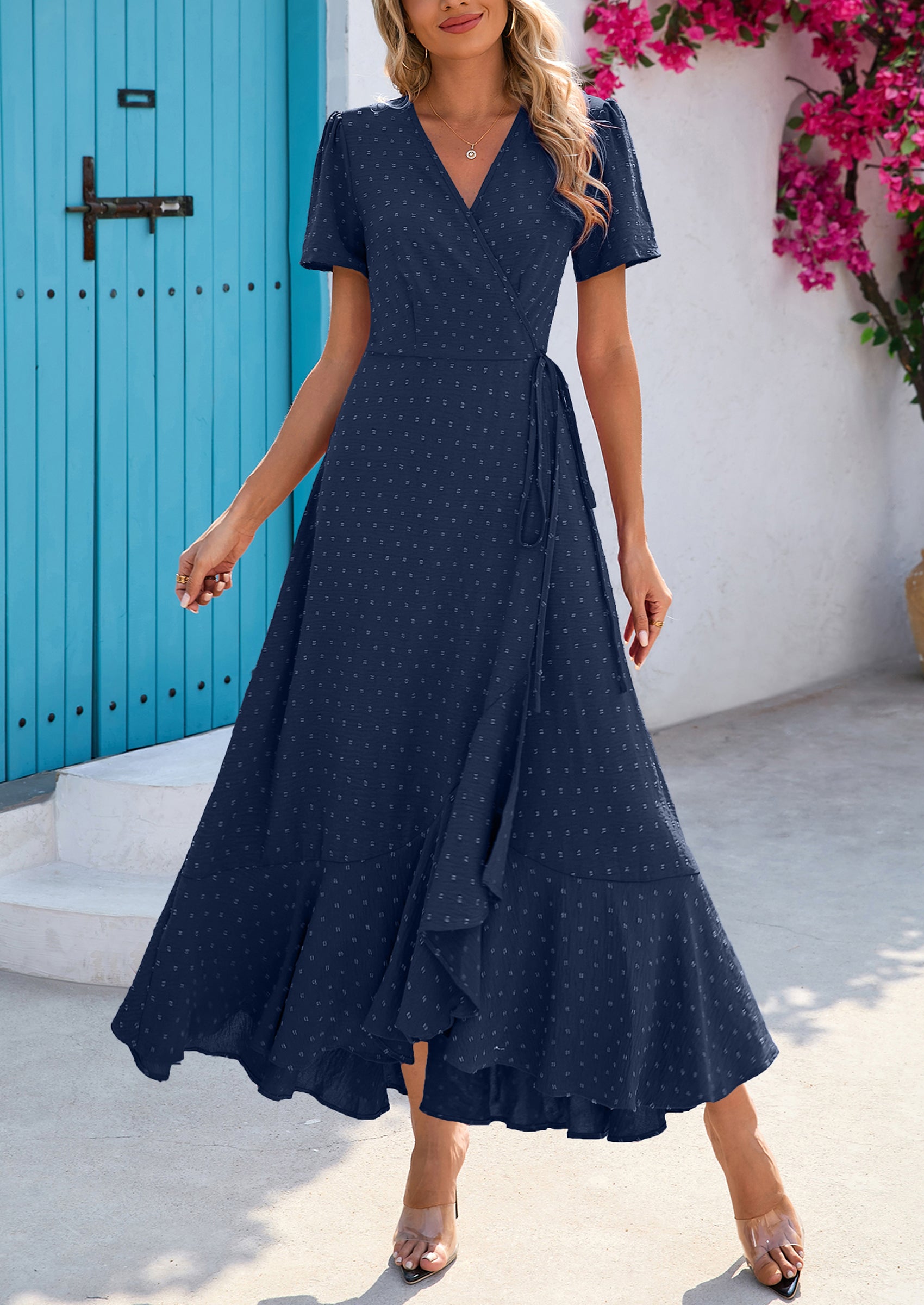 PRETTYGARDEN Women's Summer Maxi Dress Casual Wrap Floral Boho Short Sleeve V Neck Split Ruffle Beach Long Dresses