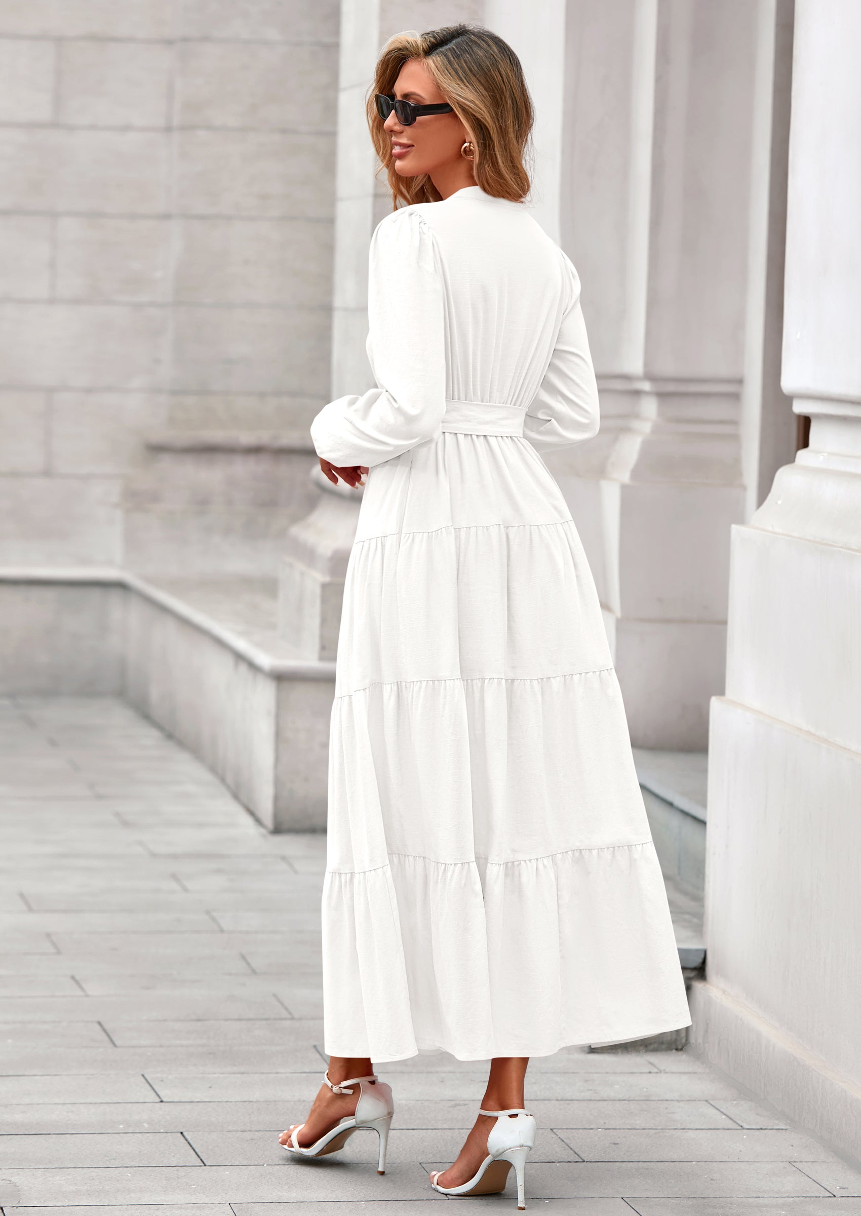 PRETTYGARDEN Fall Dresses for Women Long Sleeve V Neck Belted Ruffle A Line Flowy Boho Maxi Wedding Guest Dress Pockets