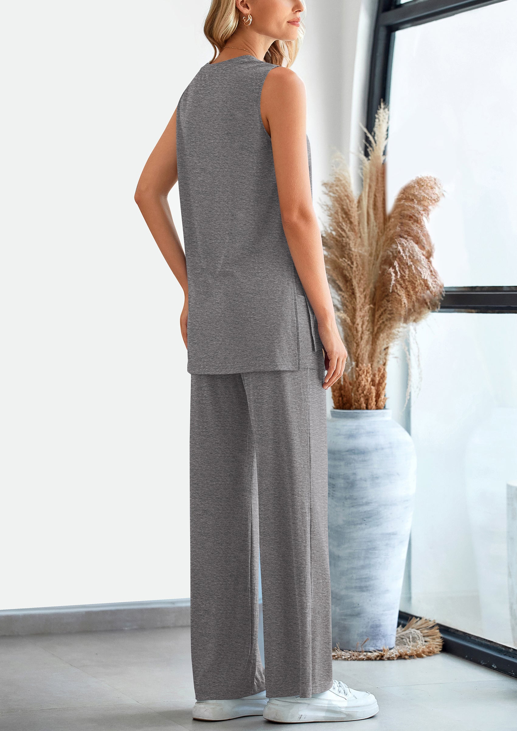 PRETTYGARDEN 2 Piece Set Loose Tank Top Wide Leg Pants Casual Matching Outfits Tracksuit