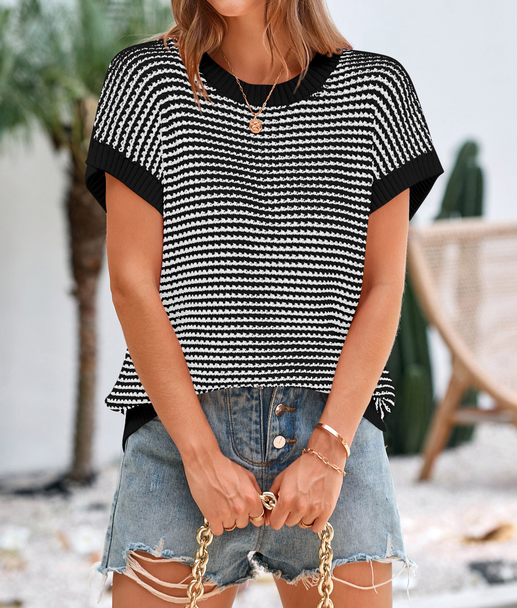 PRETTYGARDEN Womens Short Sleeve Sweater Spring Summer Round Neck Striped Pullover Cap Sleeve Knit Sweater Vest Tops