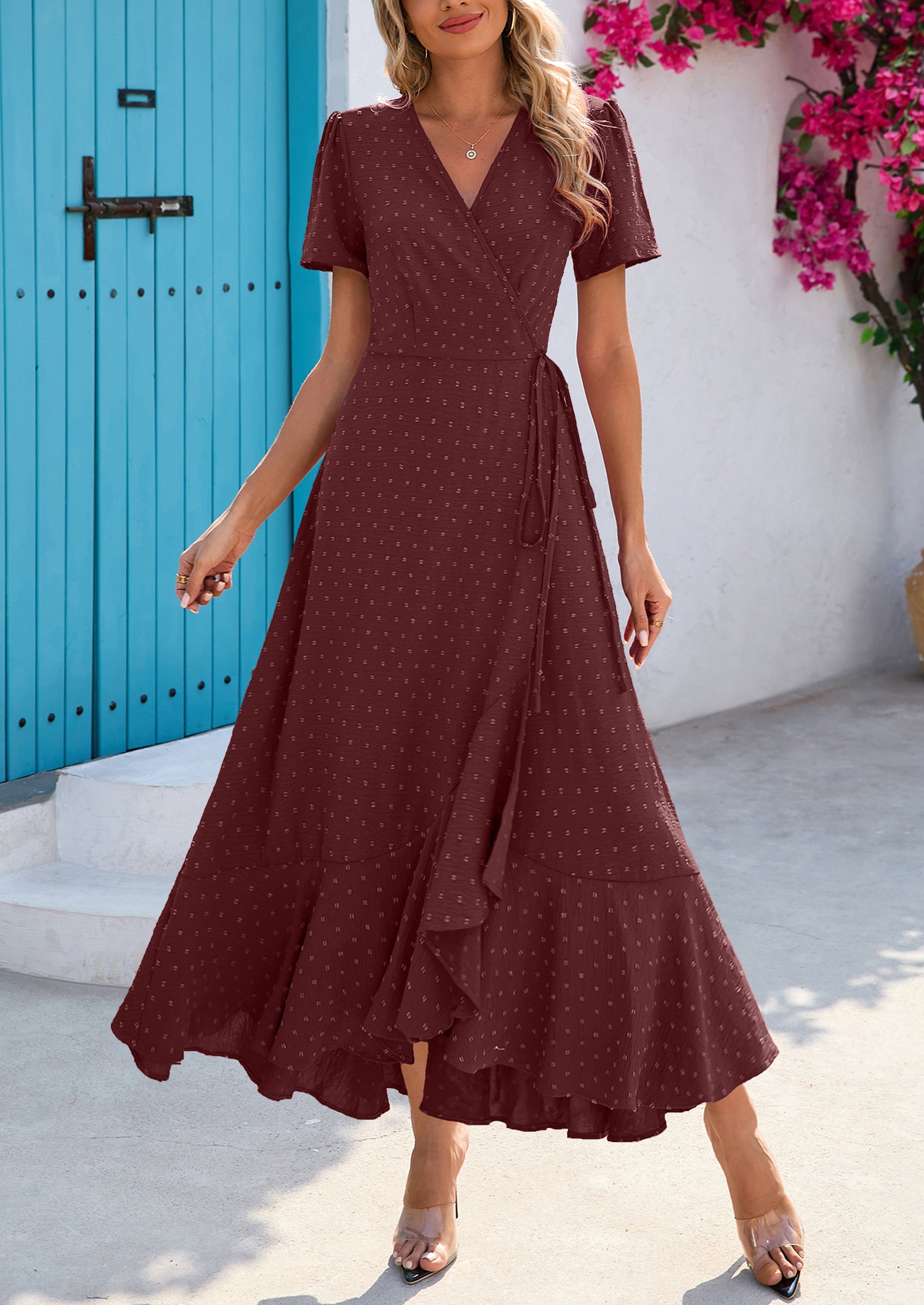 PRETTYGARDEN Women's Summer Maxi Dress Casual Wrap Floral Boho Short Sleeve V Neck Split Ruffle Beach Long Dresses