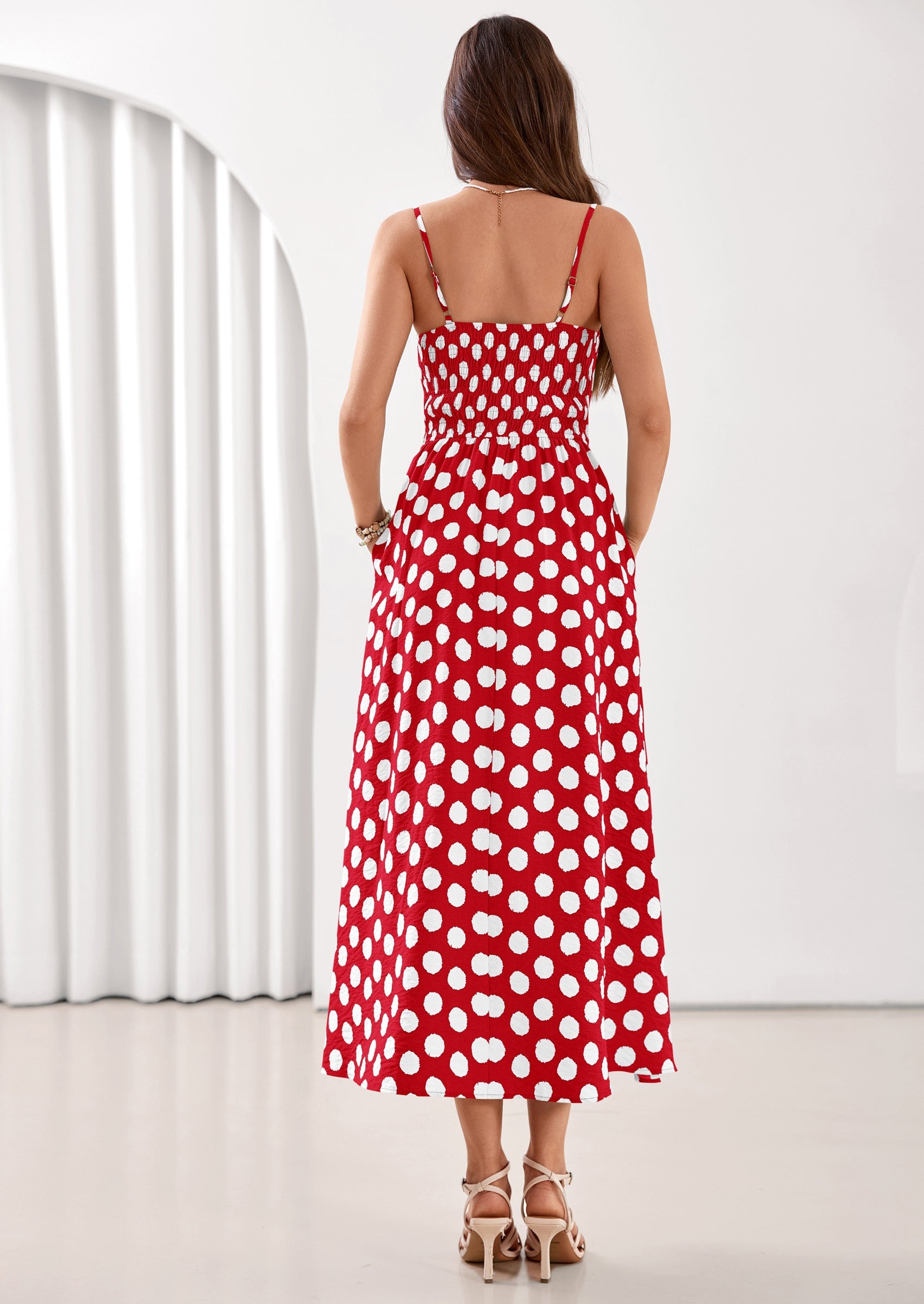 PRETTYGARDEN Womens Summer Dresses Spring Sleeveless Spaghetti Straps Casual Midi Dress Polka Dot Smocked Beach Sundress PRETTYGARDEN