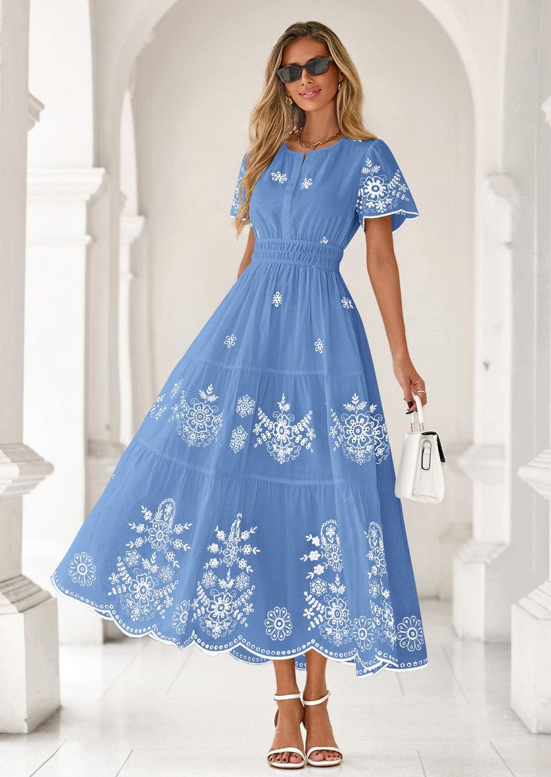 PRETTYGARDEN Boho Dresses for Women Summer Spring Casual Floral Short Sleeve V Neck Maxi Elastic Waist Dress Pockets PRETTYGARDEN