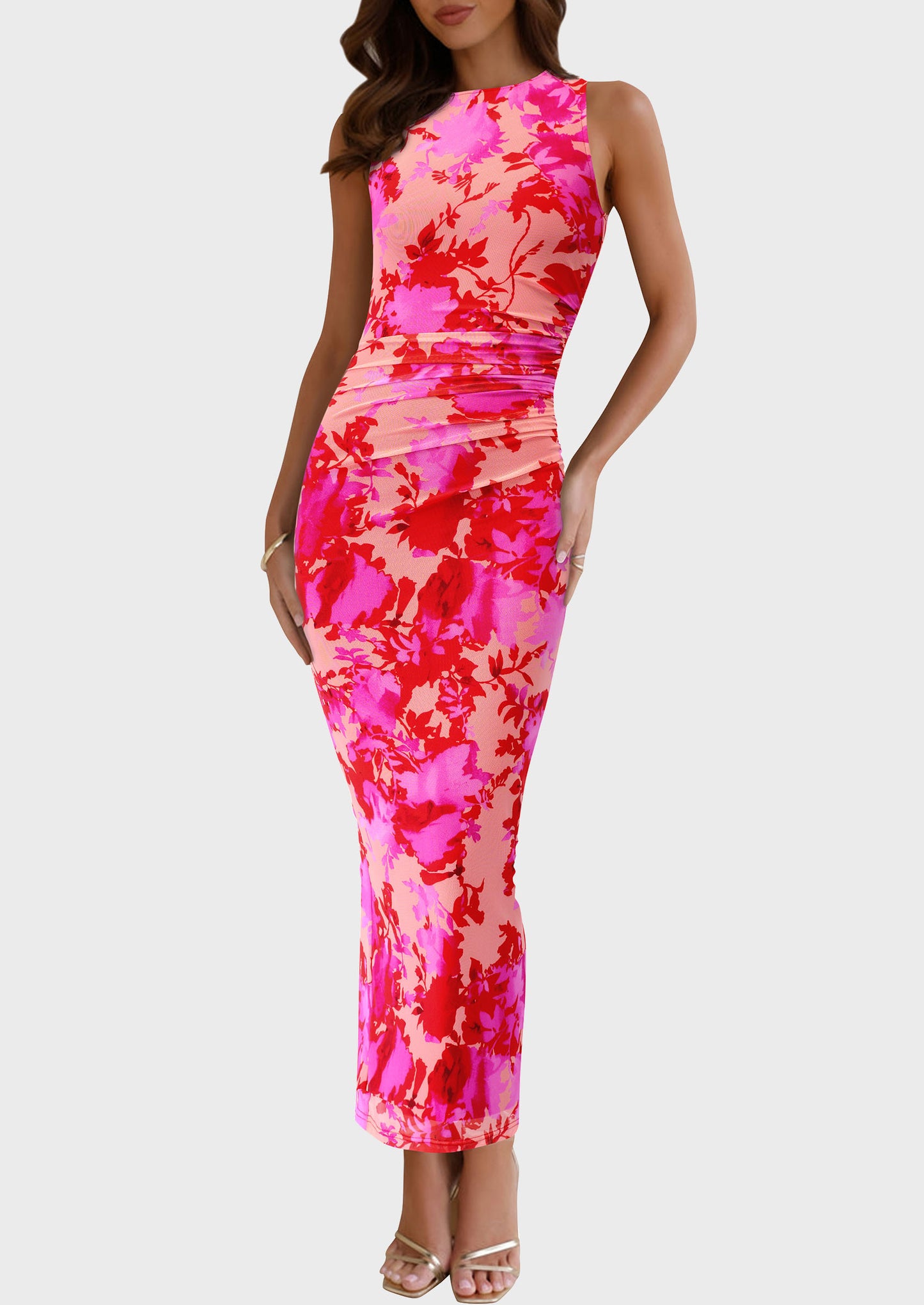 Wedding Guest Dresses for Women 2025 Summer Resort Wear Sexy Floral Bodycon Sleeveless Mesh Maxi Long Dress