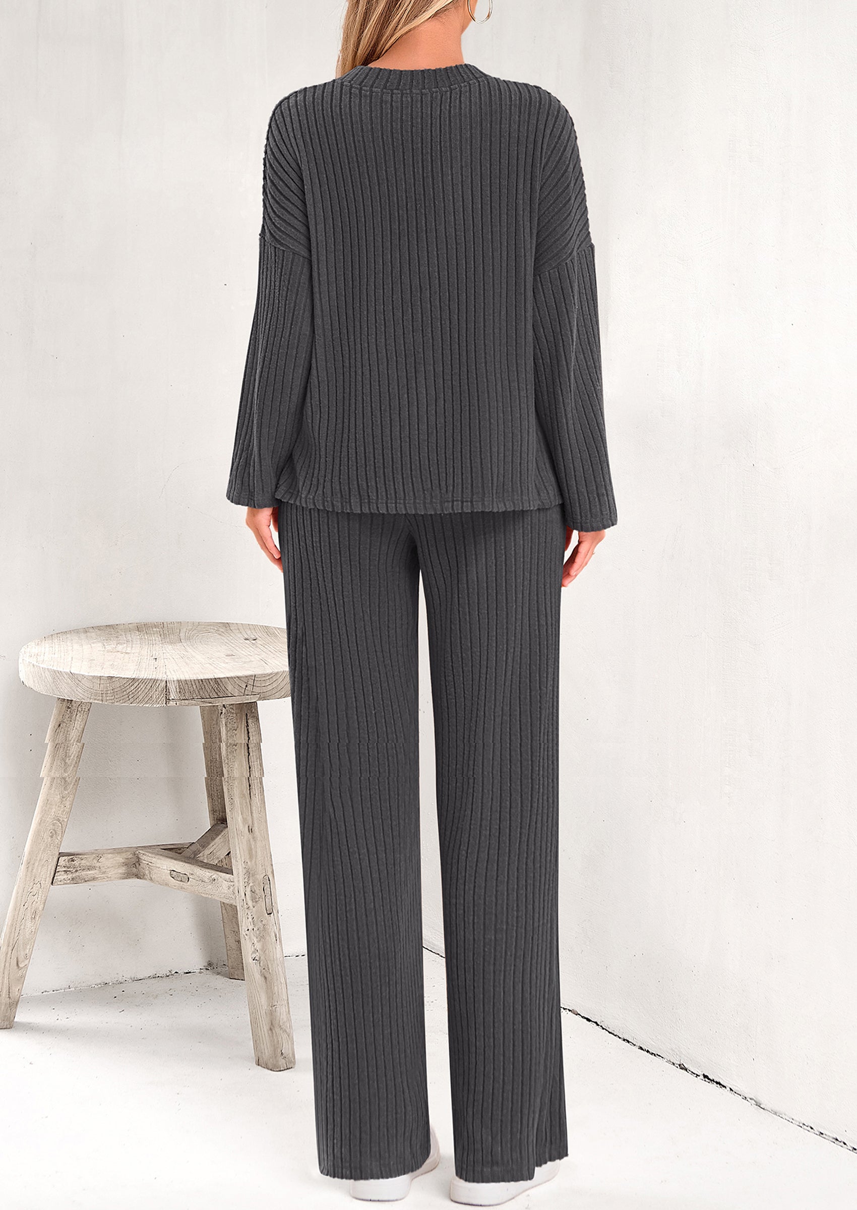 PRETTYGARDEN Women's 2 Piece Lounge Sets Ribbed Knit Long Sleeve V Neck Pullover Tops Wide Leg Pants Spring Fall Outfits