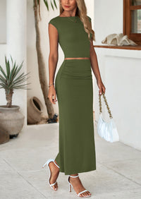 PRETTYGARDEN Summer 2 Piece Sets for Women Going Out Casual Cap Sleeve Crop Tops Ruched Maxi Long Skirts Spring Outfits