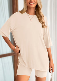 PRETTYGARDEN Women's Two Piece Lounge Set Summer Casual Oversized Shirts Biker Shorts Matching Airport Travel Outfit