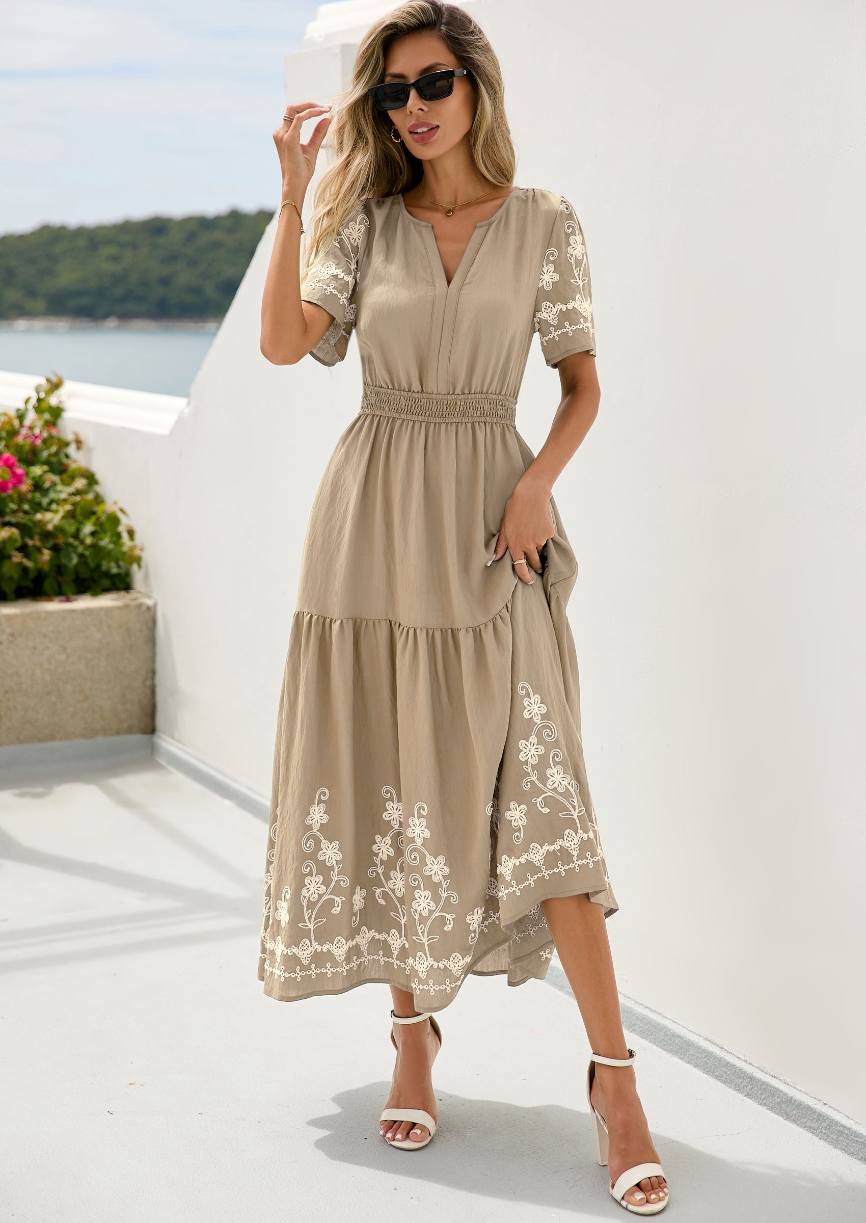 PRETTYGARDEN Women's Summer Boho Maxi Dress Spring Floral Short Sleeve V Neck A Line Flowy Beach Wedding Guest Dresses PRETTYGARDEN