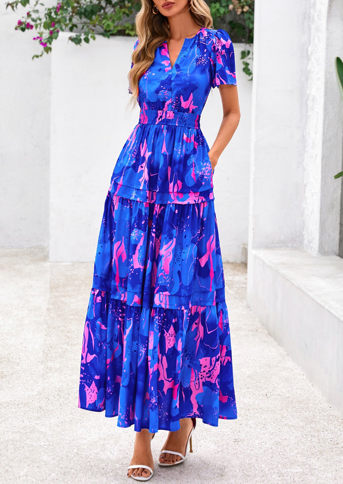 Summer Boho Floral Short Sleeve V Neck A Line Tiered Ruffle Flowy Long Beach Vacation Maxi Dresses