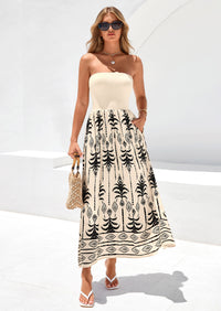 PRETTYGARDEN Summer Dresses for Women Floral Patchwork Strapless Tube Long Flowy Dress Beach Vacation Clothes