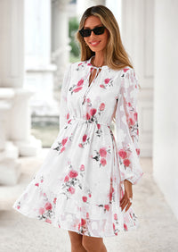 PRETTYGARDEN Women's Fall Boho Dresses Floral Long Sleeve V Neck Mini Flowy Wedding Guest Dress Trendy Vacation Outfits