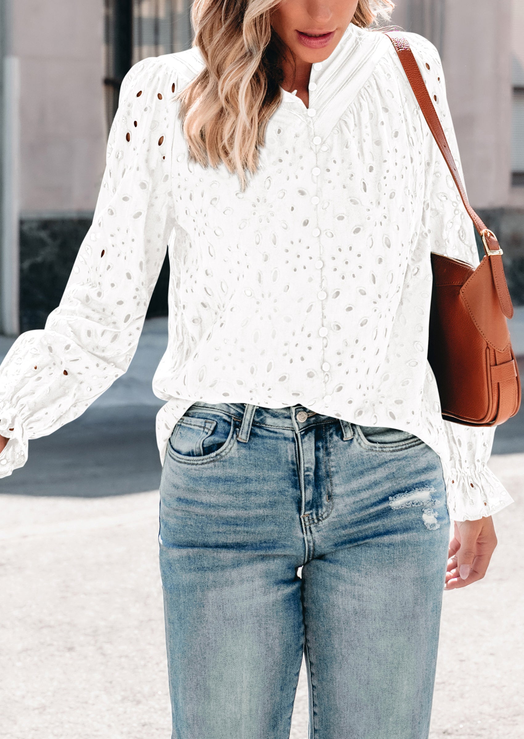 PRETTYGARDEN Women's Dressy Casual Blouse Tops Fall Spring Puff Long Sleeve Button V Neck Hollow Out Lace Embroidered Shirts