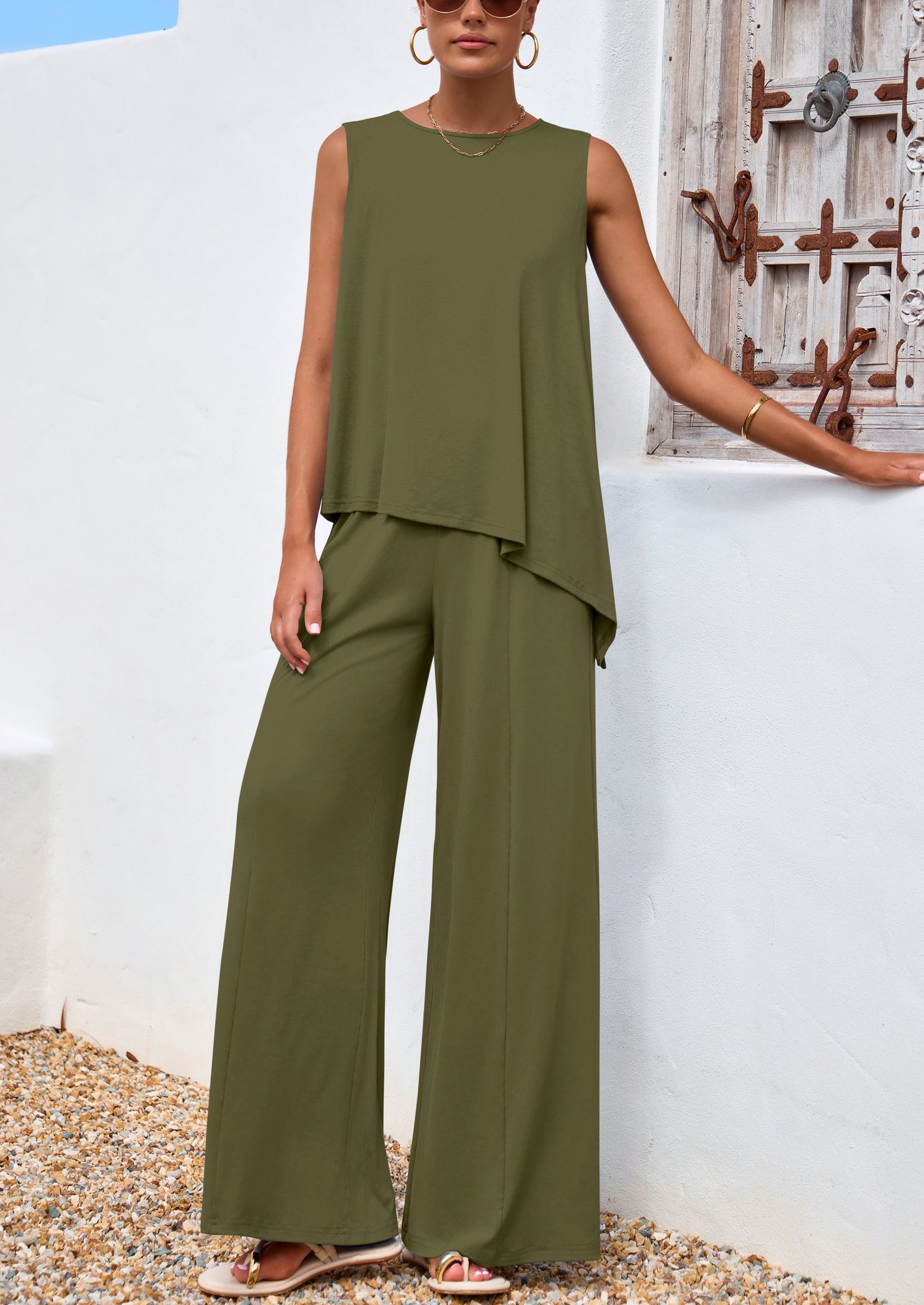 PRETTYGARDEN Women's Two Piece Matching Lounge Sets Asymmetrical Split Tank Tops Wide Leg Pants Summer Outfits Tracksuit