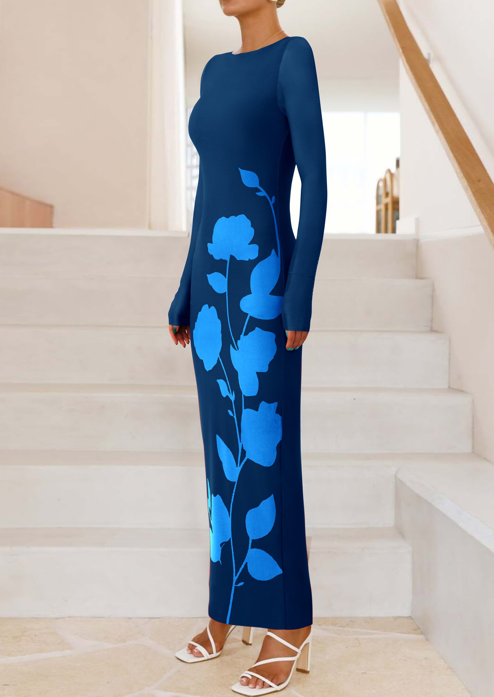 PRETTYGARDEN Bodycon Maxi Dress Fall Floral Long Sleeve Sexy Mesh Cocktail Wedding Guest Long Dresses