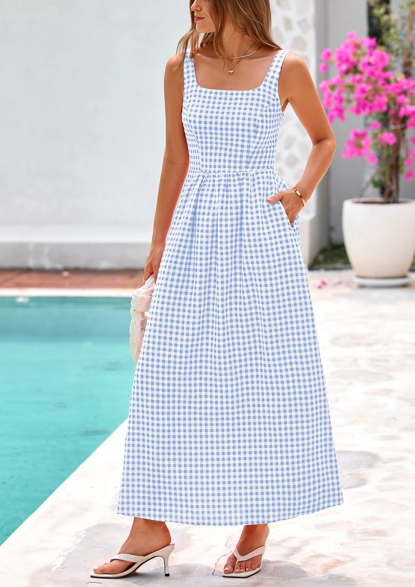 PRETTYGARDEN Women's Summer Spaghetti Strap Maxi Dresses Plaid Square Neck A Line Casual Beach Vacation Long Sundress