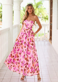 PRETTYGARDEN Womens Boho Maxi Dress Summer Floral Tube Strapless Spring Wedding Guest Cocktail Long Dresses