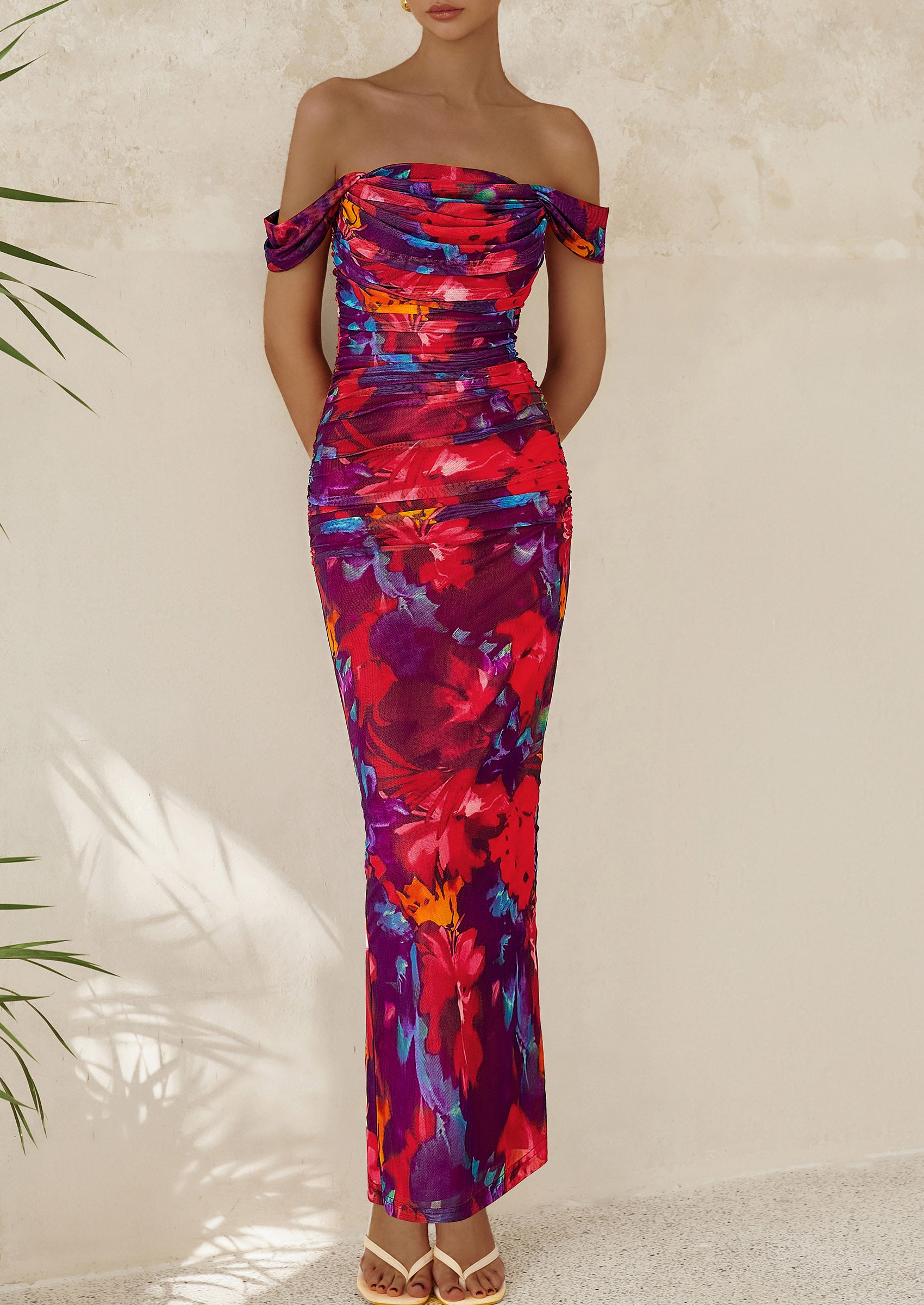 PRETTYGARDEN Maxi Dresses for Women Summer Elegant Floral Off Shoulder Ruched Mesh Cocktail Wedding Guest Dress