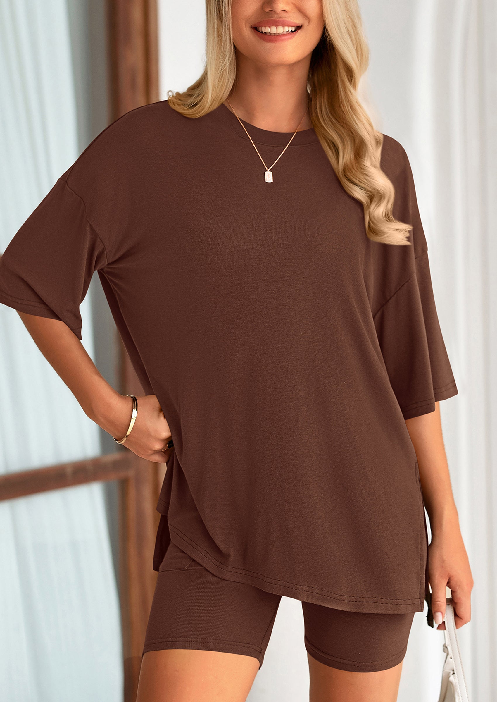 PRETTYGARDEN Women's Two Piece Lounge Set Summer Casual Oversized Shirts Biker Shorts Matching Airport Travel Outfit