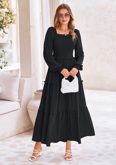 PRETTYGARDEN Fall Wedding Guest Dresses for Women Long Sleeve Square Neck Tiered A Line Modest Elegant Flowy Dresses