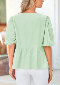 PRETTYGARDEN Women's Tie Front Striped Shirt Summer Trendy Fashion Cute Babydoll Tops Peplum Puffy Sleeve Blouse