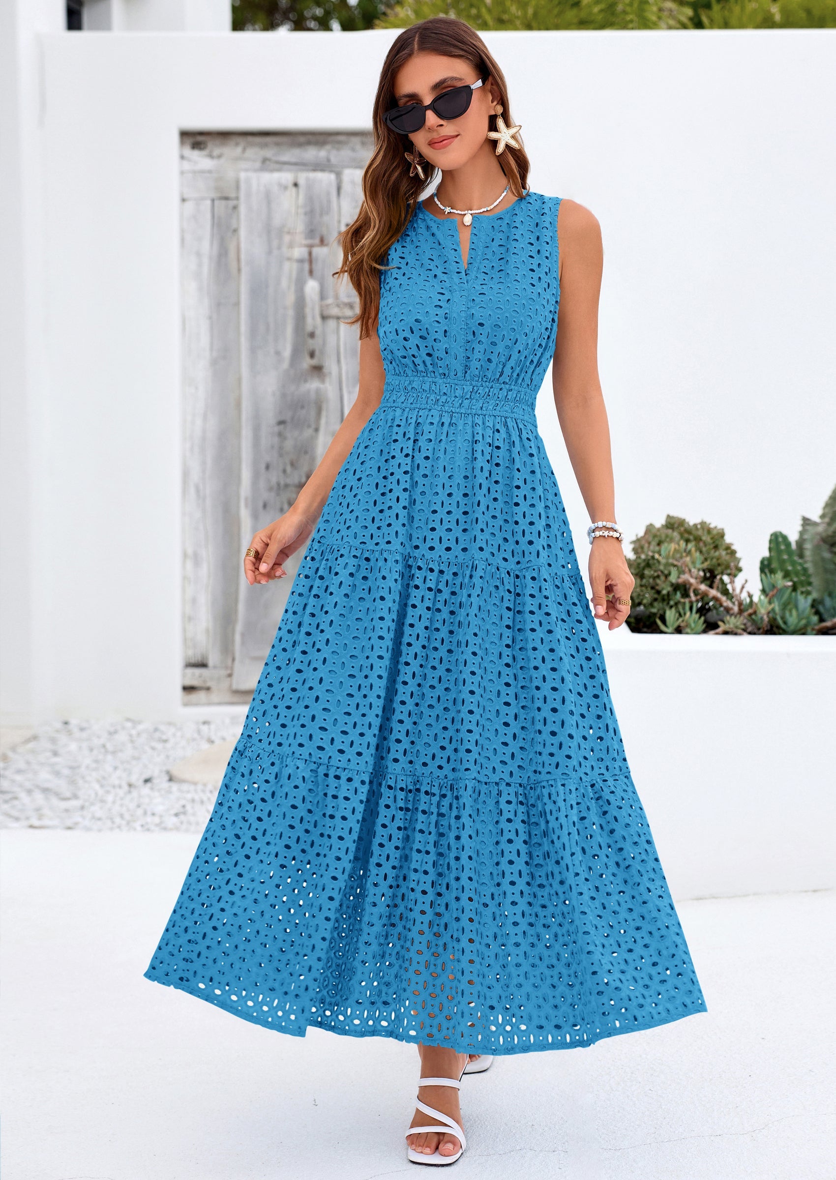 PRETTYGARDEN Summer Dresses for Women Sundresses Sleeveless V Neck Eyelet A Line Flowy Beach Vacation Spring Maxi Dress PRETTYGARDEN