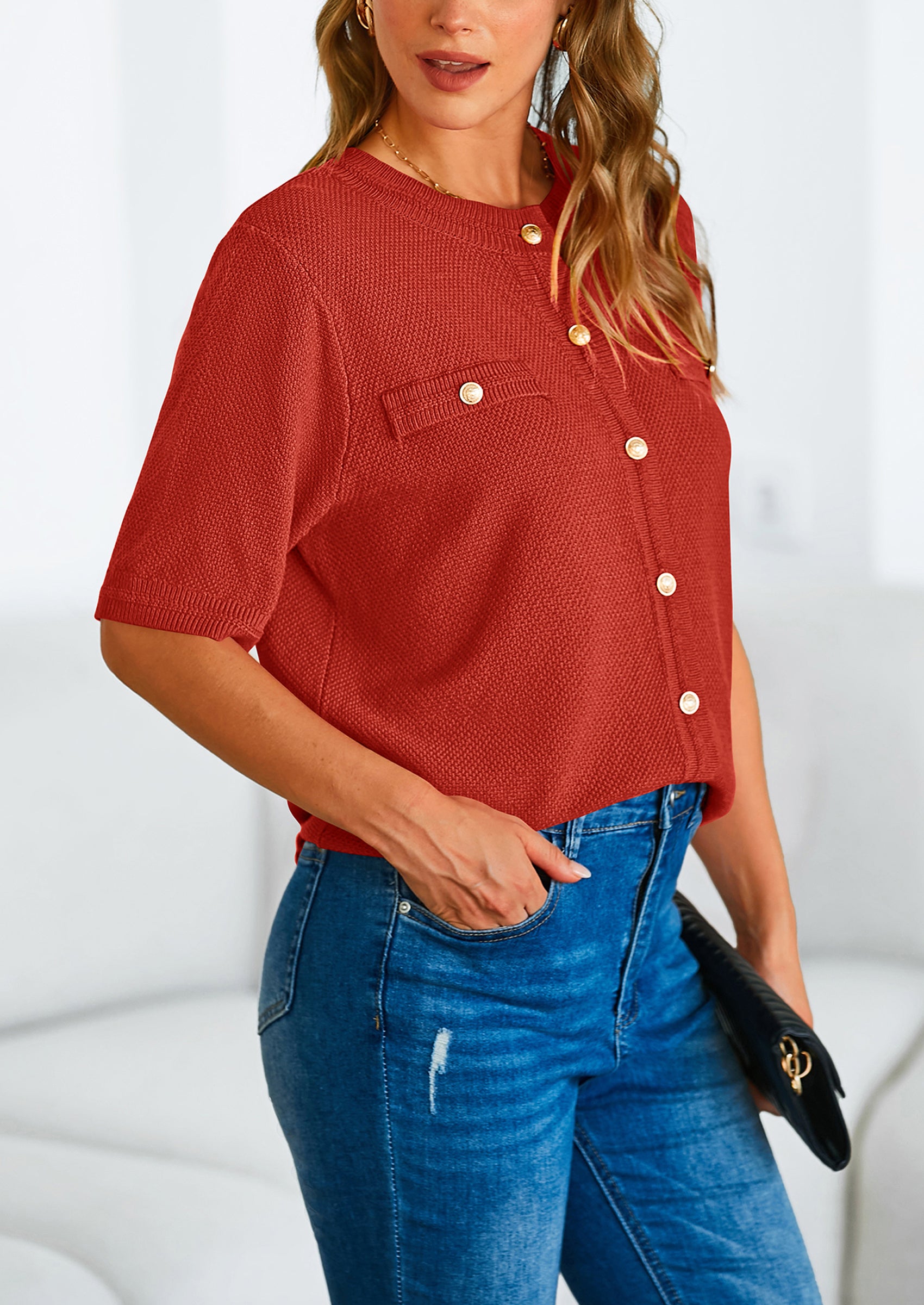 PRETTYGARDEN Women's Summer Button Down Shirts Casual Short Sleeve Crew Neck Ribbed Knit Blouse Top Cardigans