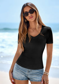 PRETTYGARDEN Women Spring Tops Trendy Ribbed Short Sleeve V Neck Fitted Basic Tee Shirts Casual Going Out Summer Outfits PRETTYGARDEN
