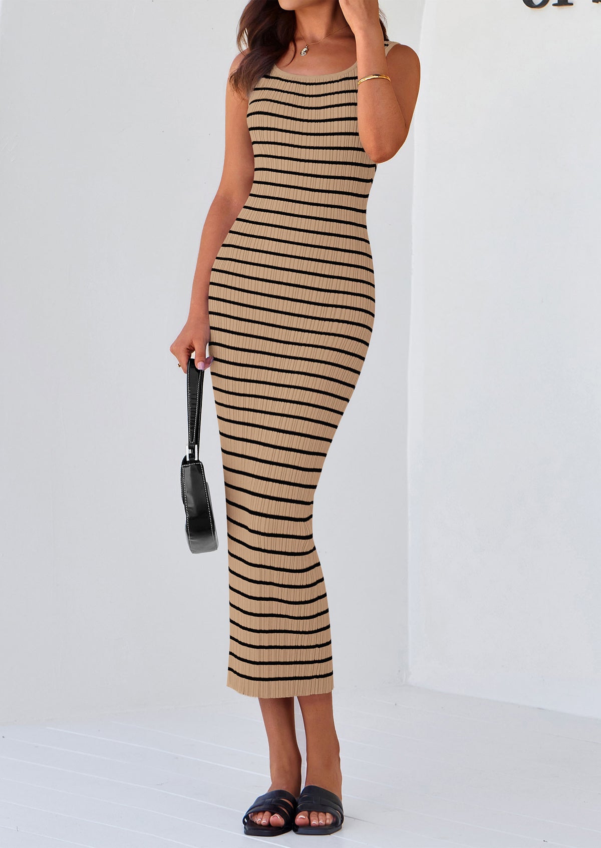 Womens Summer Tank Dress Casual Sleeveless Striped Ribbed Knit Long Dresses Beach Vacation Sundress