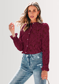 PRETTYGARDEN Women's Dressy Casual Lace Blouse Long Sleeve Button Up Shirts Tops Spring Fall Fashion Clothes