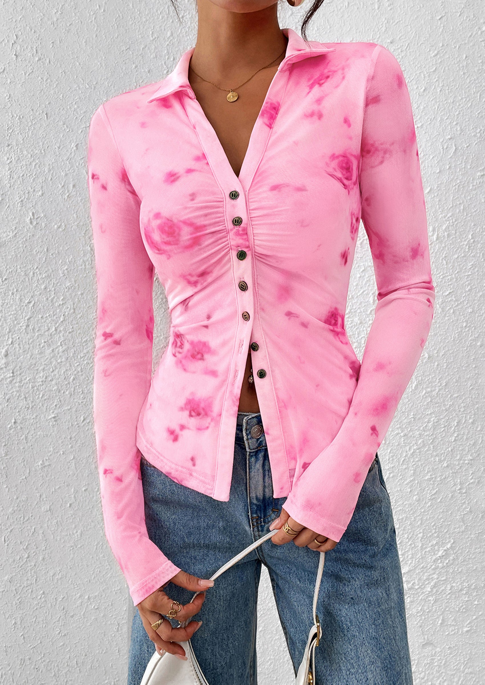 PRETTYGARDEN Women Button Down Floral Shirts Fall Trendy Long Sleeve V Neck Ruched Fitted Mesh Blouse Tops Date Outfits