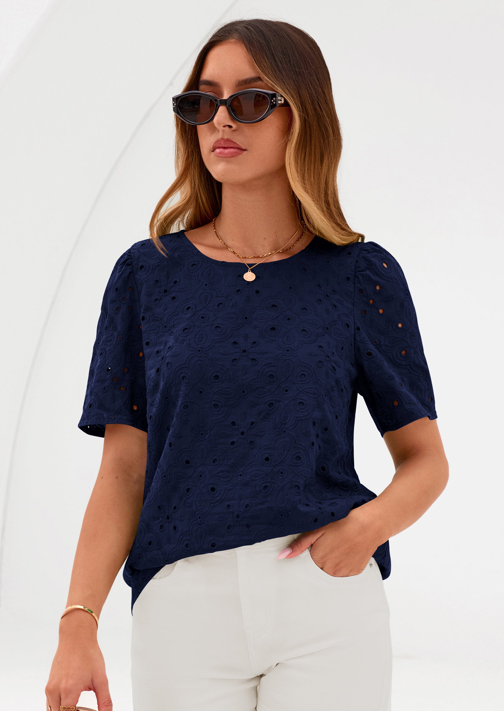 PRETTYGARDEN Women's Puff Short Sleeve Eyelet Shirts Summer Lace Blouses Dressy Casual Work Tops Spring Teacher Clothes PRETTYGARDEN