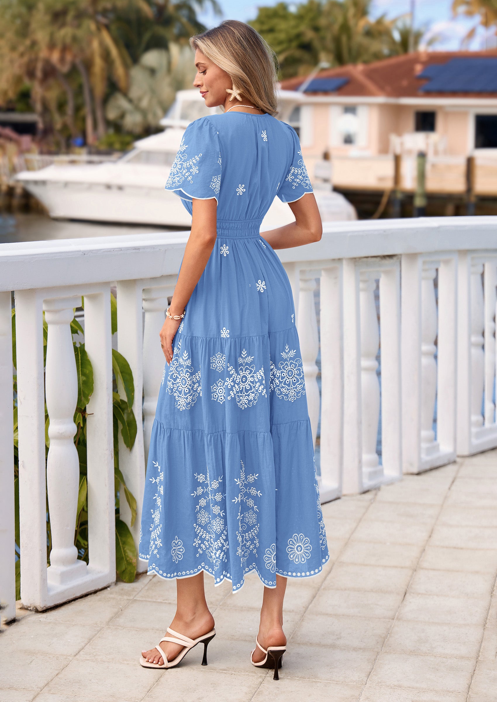 PRETTYGARDEN Boho Dresses for Women Summer Spring Casual Floral Short Sleeve V Neck Maxi Elastic Waist Dress Pockets