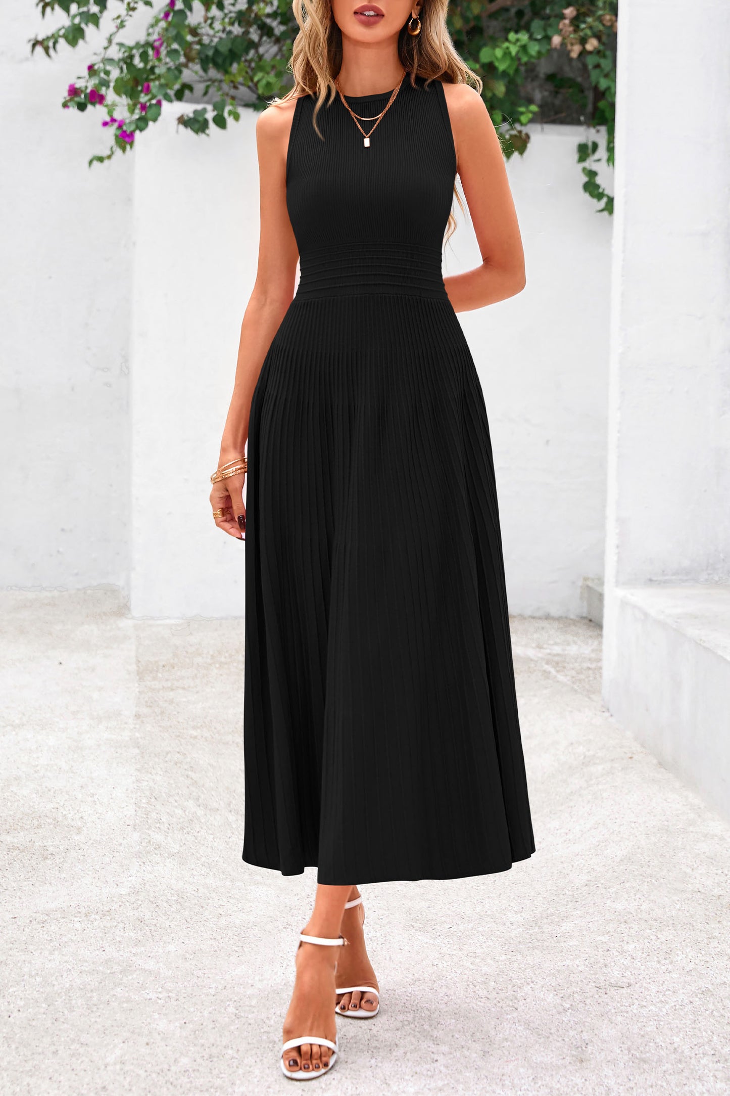 Women's Summer Midi Dresses 2025 Sleeveless Crewneck Knit A Line Pleated Swing Wedding Guest Casual Tank Dress