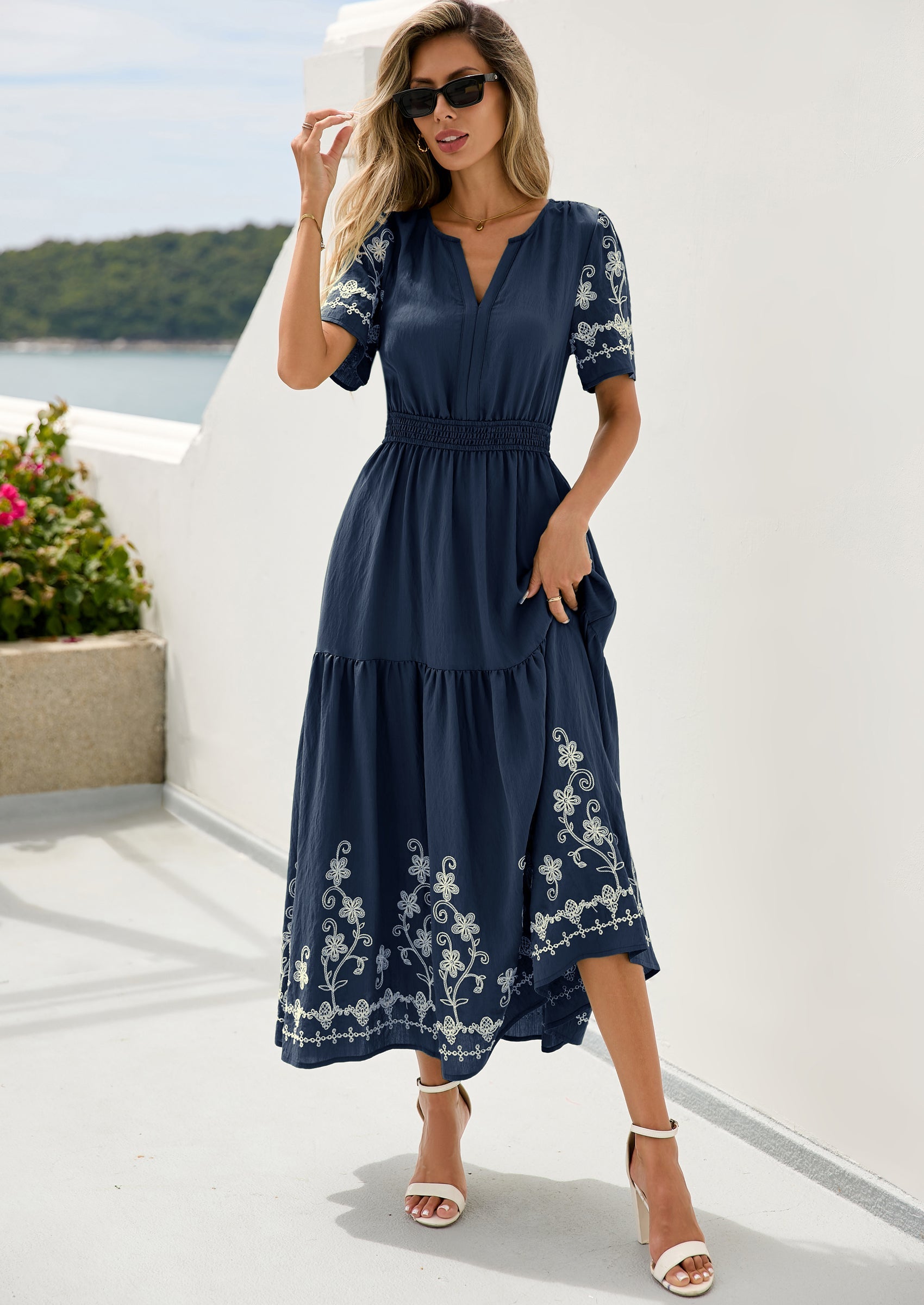 PRETTYGARDEN Women's Summer Boho Maxi Dress Spring Floral Short Sleeve V Neck A Line Flowy Beach Wedding Guest Dresses PRETTYGARDEN