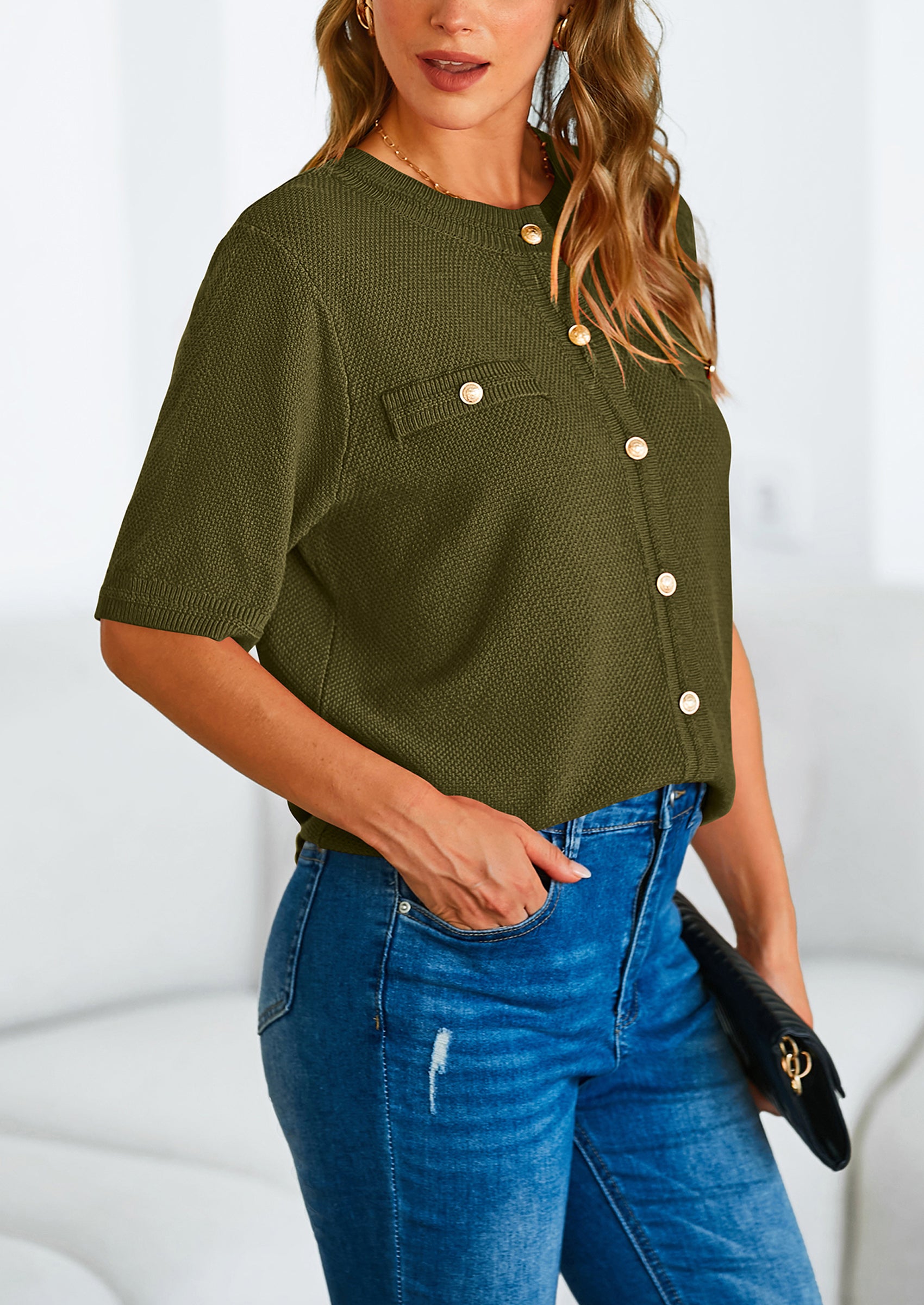 PRETTYGARDEN Women's Summer Button Down Shirts Casual Short Sleeve Crew Neck Ribbed Knit Blouse Top Cardigans