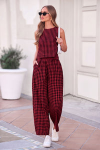 PRETTYGARDEN Womens 2 Piece Sets Summer Plaid Sleeveless Tops Wide Leg Pants Matching Lounge Set Beach Vacation Outfits