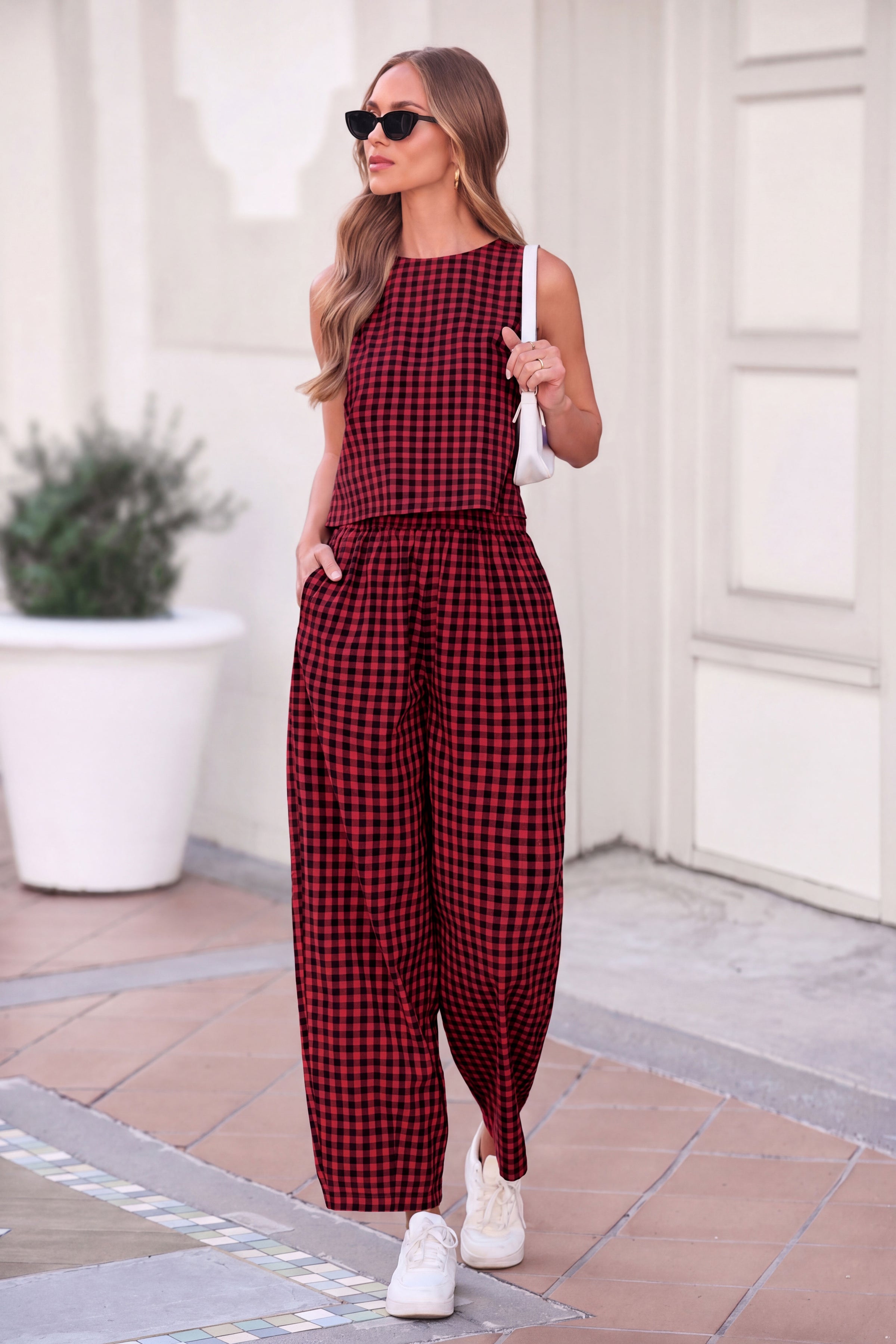 PRETTYGARDEN Womens 2 Piece Sets Summer Plaid Sleeveless Tops Wide Leg Pants Matching Lounge Set Beach Vacation Outfits